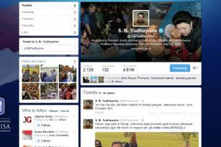 Halaman akun Twitter @sbyudhoyono milik Presiden Susilo Bambang Yudhoyono.