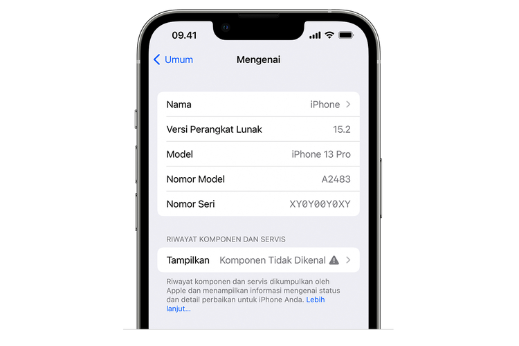 Ilustrasi status Komponen Tidak Dikenal yang muncul bersamaan notifikasi pesan layar penting di iPhone.