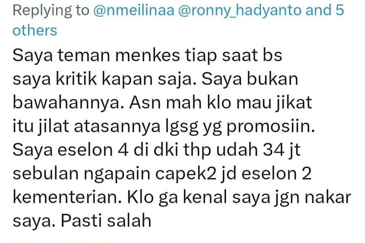 Tangkapan layar cuitan akun Twitter Kepala Seksi (Kasi) Surveilans, Epidemiologi, dan Imunisasi Dinkes DKI Jakarta Ngabila Salama.