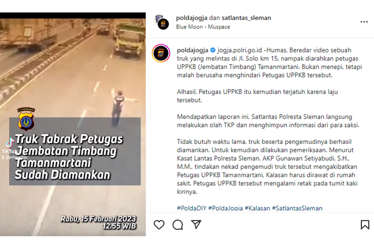 Tangkapan layar unggahan video bernarasi truk menabrak petugas jembatan timbang di Sleman, Daerah Istimewa Yogyakarta (DIY).