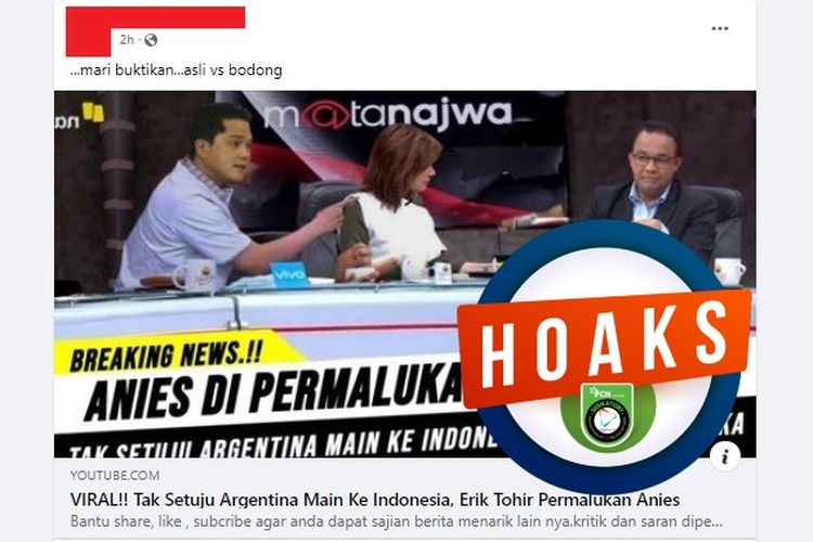 Tangkapan layar Facebook narasi yang menyebut bahwa Erick Thohir mempermalukan Anies Baswedan di televisi karena menolak timnas Argentina