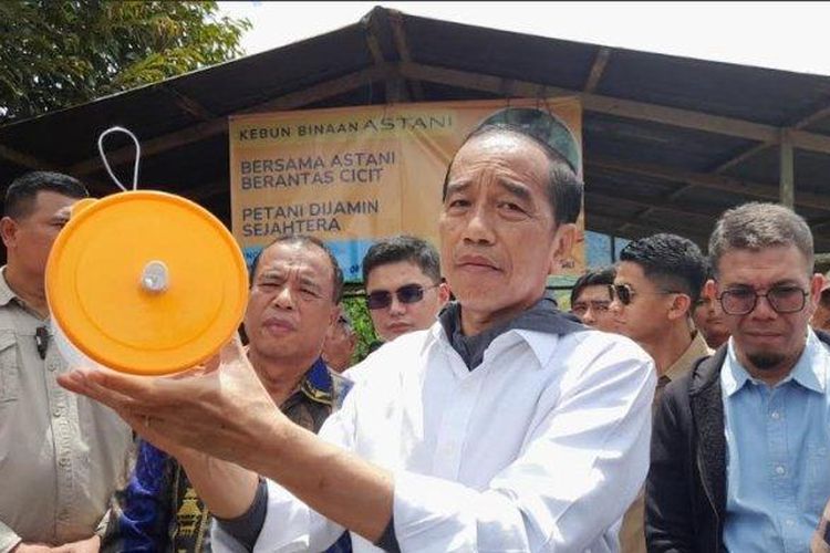 TRIBUN MEDAN/MUHAMMAD NASRUL
Presiden ke-7 Republik Indonesia Joko Widodo, menunjukkan alat perangkap hama lalat buah terbaru yang dibagikan kepada petani jeruk di kawasan Liang Melas Datas (LMD), Kabupaten Karo, Sumatera Utara, Jumat (16/5/2025). 