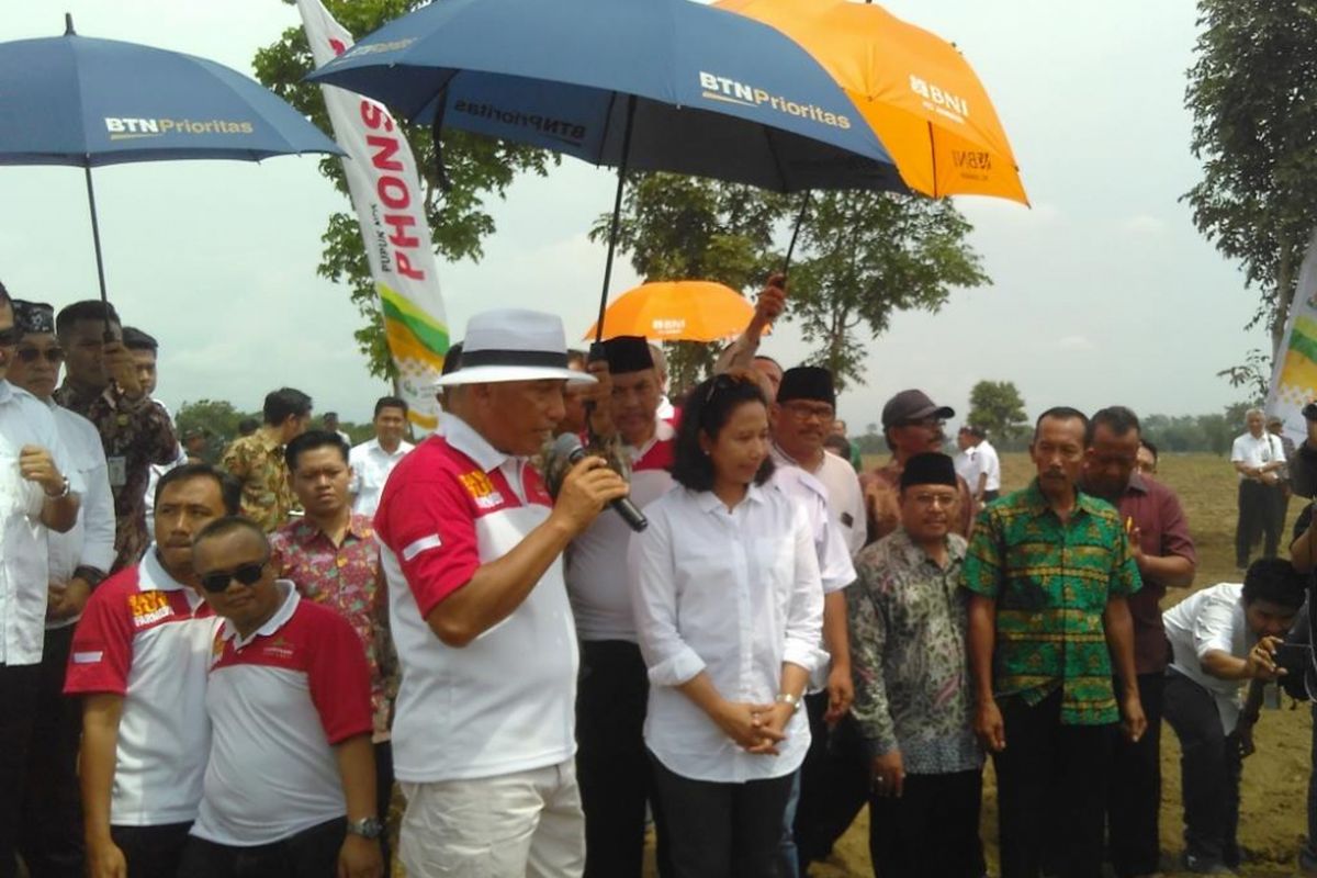 Menteri Negara BUMN, Rini M Soemarno, Bersama Ketua Dewan Pembinaan APTRI, Arum Sabil, Saat Meninjau Lokasi Penanaman Tebu di Desa Wirowongso, Kecamatan Ajung, Jember, Jawa Timur, Rabu (15/11/2017).