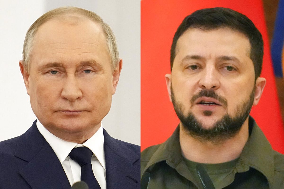 Presiden Rusia Vladimir Putin di Kremlin di Moskow, pada 26 April 2022, dan Presiden Ukraina Volodymyr Zelenskyy di Kyiv, Ukraina, pada 8 Mei 2022. 
