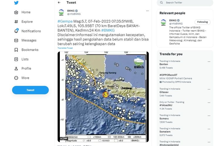 Tangkapan layar gempa bumi yang mengguncang selatan Banten pada hari ini, Selasa (7/2/2023).