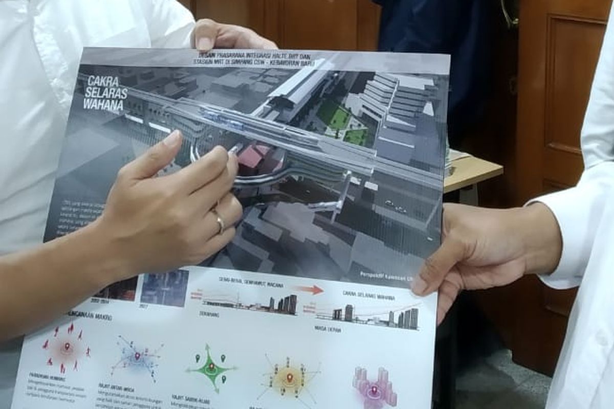 Pemenang sayembara Patrisius Marvin Dalimartha dari Studio Lawang dan Direktur Utama PT Transjakarta Agung Wicaksono di Balai Kota DKI Jakarta, Senin (15/4/2019).