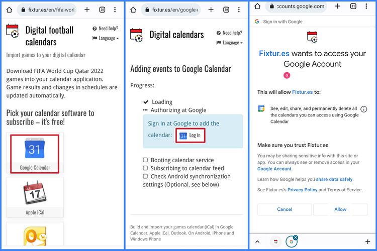 Cara menautkan jadwal Piala Dunia 2022 dari situs fixtur.es ke Google Calendar.