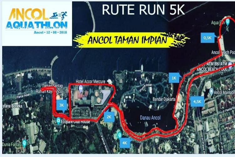 Rute perlombaan Aquathlon yang akan digelar di Ancol pada Minggu (12/8/2018) mendatang.