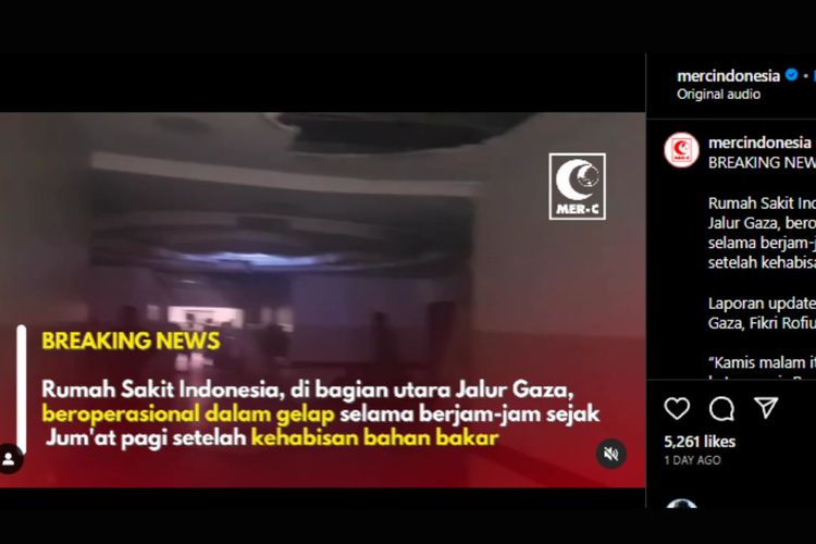 Tangkapan layar video RS Indonesia di Gaza gelap gulita karena kehabisan bahan bakar.