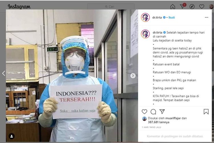 Tangkapan layar postingan Dr Tirta soal Indonesia Terserah (16/5/2020).
