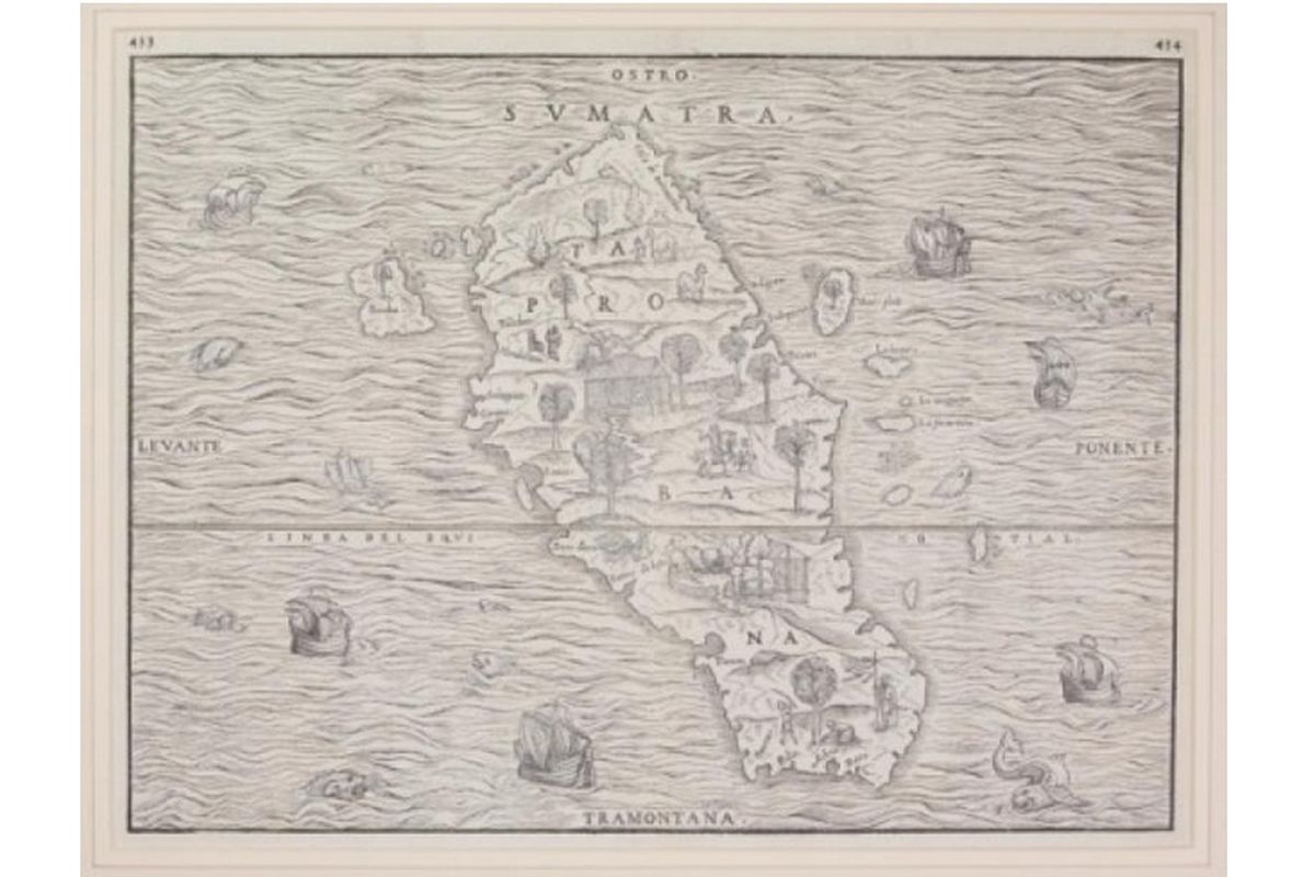 Peta berjudul Sumatra-Taprobana karya Giovanni Battista Ramusio (1485-1557), seorang geografer Italia. Peta yang dipublikasikan pertama kali pada 1565 ini terdapat dalam buku Raccolta di Navigationi et Viaggi yang berisi kisah penjelajahan dan perjalanan. Tampaknya saat itu Sumatra masih diasosiasikan dengan Taprobana.