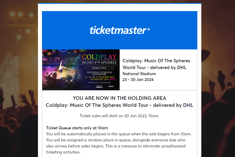 Penjualan tiket konser Coldplay di Singapura untuk 30 Januari 2024.