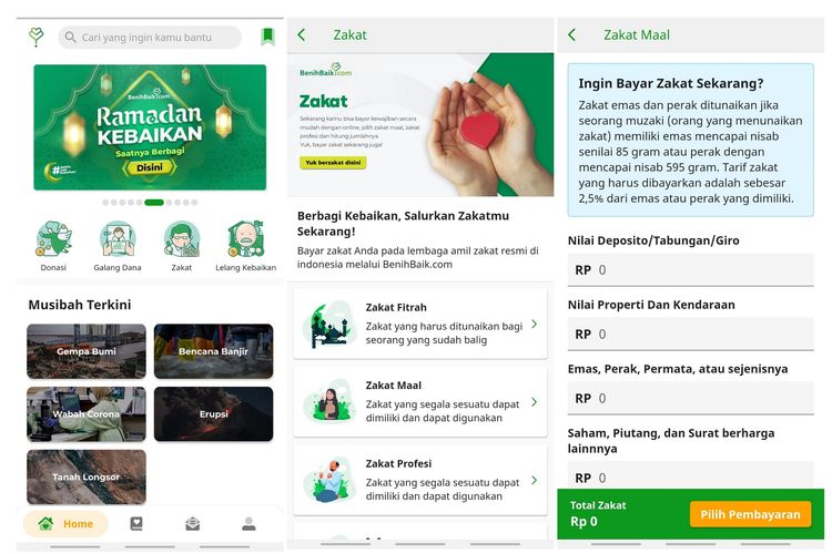 Fitur hitung zakat atau kalkulator zakat di aplikasi BenihBaik.