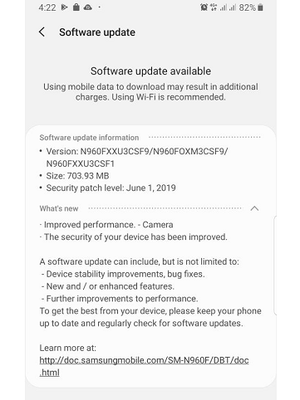 Pembaruan software di Galaxy Note 9 dengan kamera Night Mode