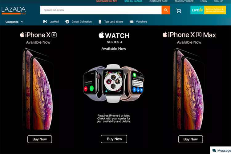 Landing page penjualan iPhone XS, XS Max, dan Apple Watch 4 di situs Lazada Singapura. 