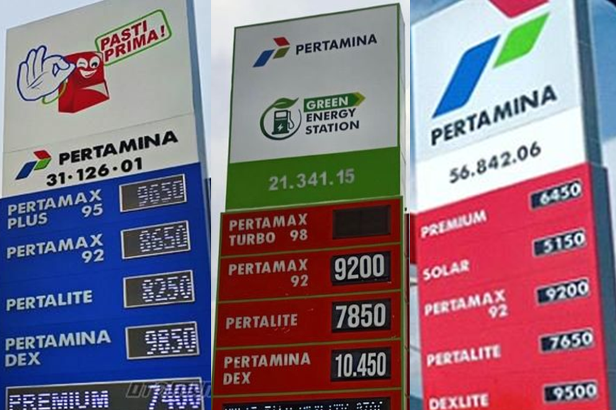 Arti warna SPBU Pertamina. SPBU Pasti Prima (warna biru), SPBU Green Energy Station atau GES (warna hijau), dan SPBU Pasti Pas (warna merah).