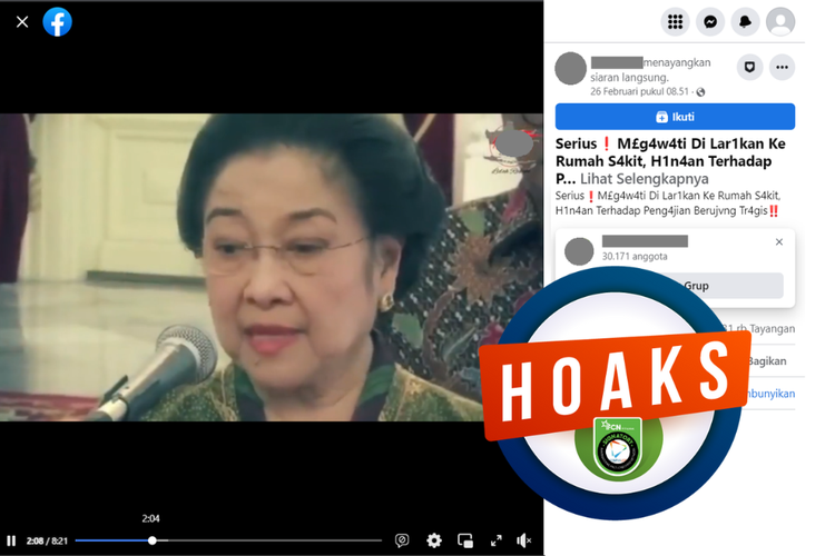 Tangkapan layar unggahan dengan narasi hoaks di sebuah akun Facebook, Minggu (26/2/2023), yang menyebut Megawati dilarikan ke rumah sakit.