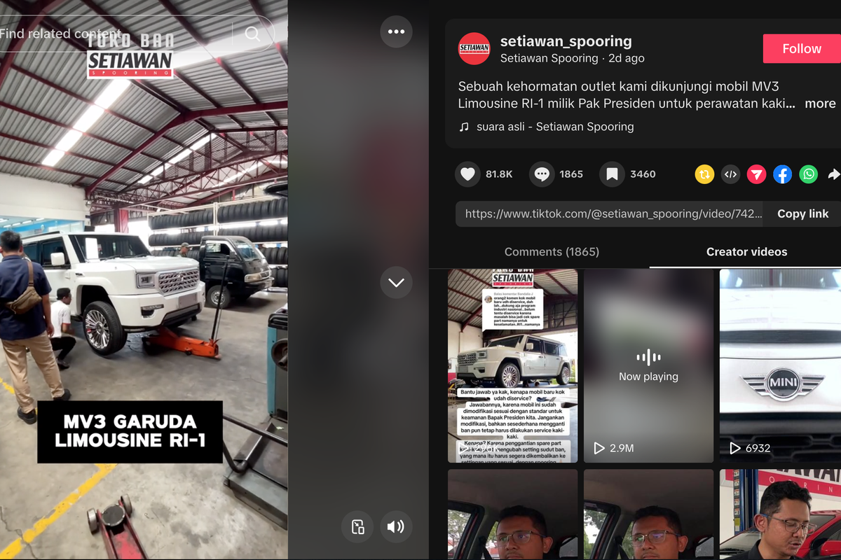 Video yang memperlihatkan mobil Presiden Republik Indonesia Prabowo Subianto sedang melakukan pemeriksaan kaki-kaki di salah satu bengkel mobil.