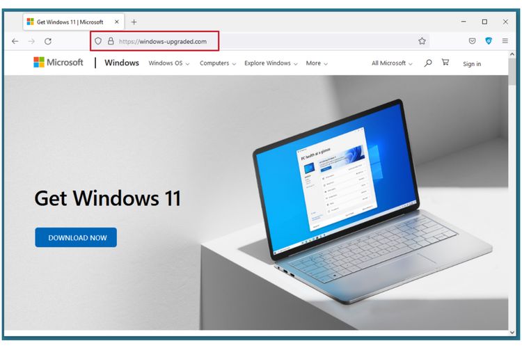 Tampilan situs windows-upgraded.com untuk menyebarkan Windows 11 palsu berisi malware RedLine. 