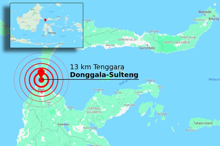 Lokasi gempa bermagnitudo 7,7 yang mengguncang Sulawesi Tengah, Jumat (28/9/2018).