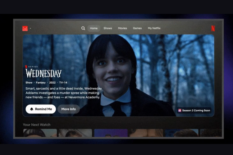 Tangkapan layar ilustrasi tampilan homepage (beranda TV) di Netflix dengan antarmuka terbaru. Pada tab ini, terdapat banner berukuran besar yang berada di tengah layar, menampilkan rekomendasi konten (film) untuk pengguna. 
