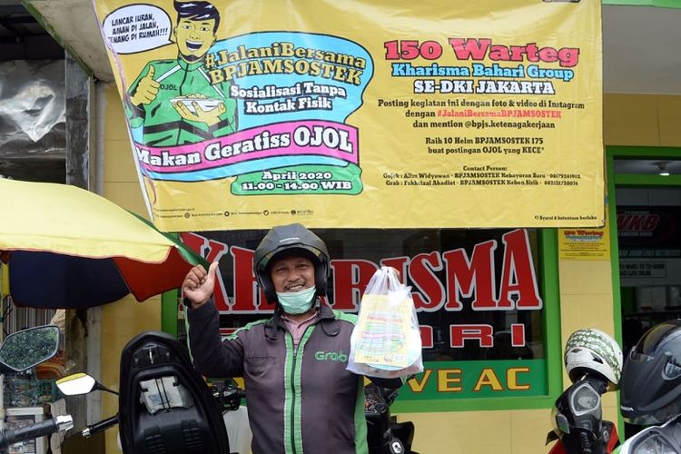 Bekerjasama dengan warteg di kawasan DKI Jakarta, BPJAMSOSTEK berikan makan siang gratis kepada para pengemudi ojek online (ojol).