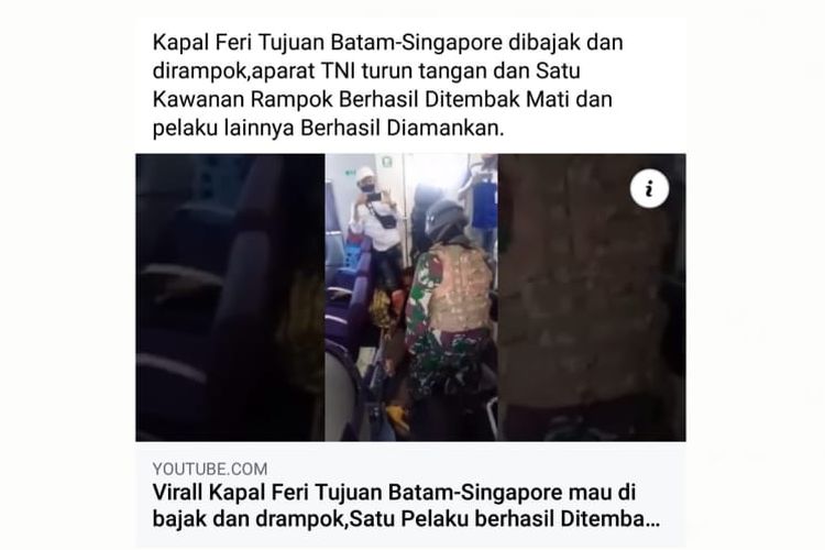 Status Facebook keliru soal kapal feri Batam-Singapura dibajak dan aparat TNI berhasil menembak mati pelaku.