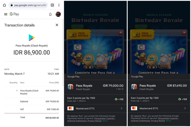 Pembelian layanan berbayar game Clash Royale melalui Google Play Store yang kini lebih mahal.
