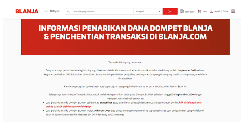 Tangkapan layar pengumuman penutupan operasional Blanja.com.