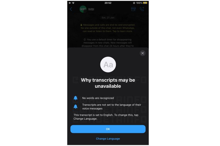 Tangkapan jendela pop-up WhatsApp berisi informasi fitur Voice Note Transcript.