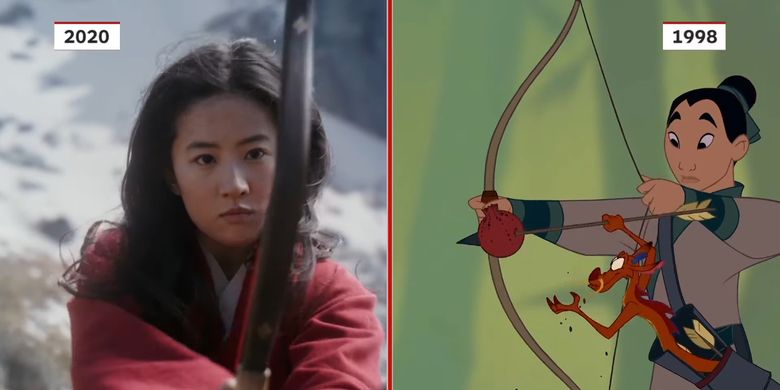 Komparasi Mulan versi live-action dengan Mulan versi animasi.