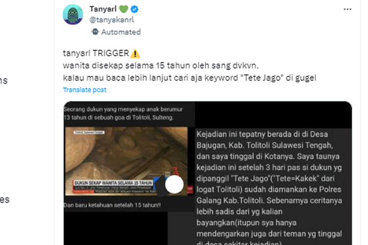 Tangkapan layar unggahan yang memuat kasus dukun sekap wanita selama 15 tahun di Tolitoli, Sulawesi Tengah