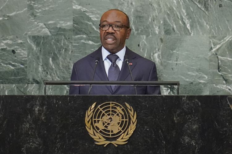 Presiden Gabon Ali Bongo Ondimba saat berpidato di Sidang Umum ke-77 PBB pada 21 September 2022.