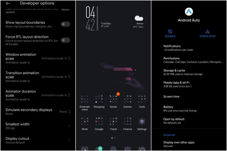 Ilustrasi menu untuk menghilangkan atau mempercepat animasi, tampilan home screen, dan tampilan untuk melakukan Force stop aplikasi Android.