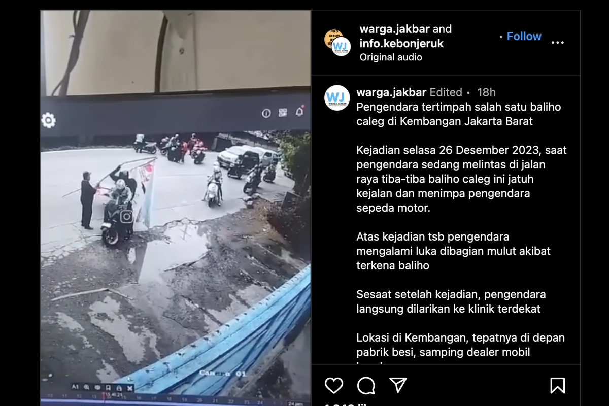 Video viral pengendara motor tertimpa Baliho Caleg di kawasan Kembangan, Jakarta Barat. Situasi semacam ini bisa dilaporkan ke pihak Kepolisian