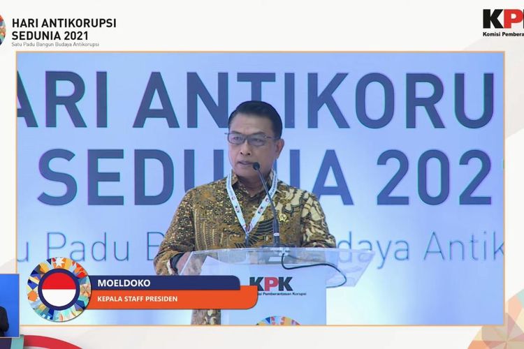 Kepala Staf Kepresidenan Moeldoko dalam acara Hari Antikorupsi Sedunia 2021 di Gedung Merah Putih KPK, JAKARTA, Kamis (9/12/2021), yang juga disiarkan secara virtual di Youtube KPK.