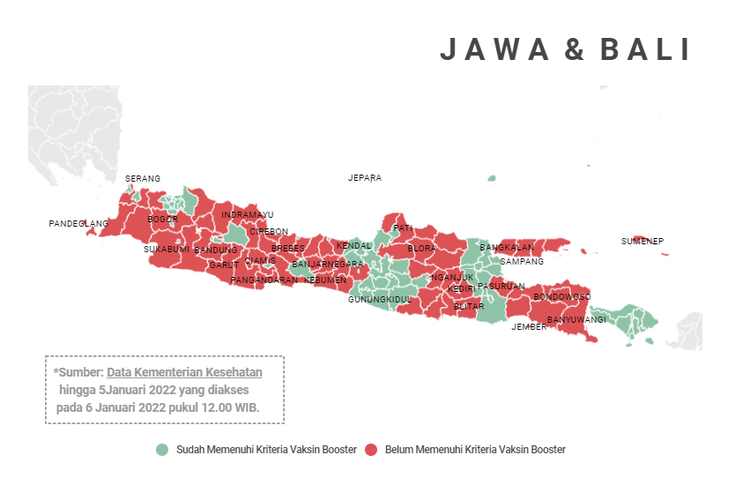 Sebaran kabupaten kota di Pulau Jawa dan Bali yang memenuhi kriteria vaksin booster, berdasarkan data Kementerian Kesehatan hingga 5 Januari 2022 pukul 18.000 yang diakses pada 6 Januari 2022.