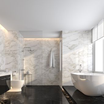 Ilustrasi kamar mandi dengan dinding dan lantai batu alam atau marmer. 