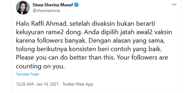 Tangkapan layar twit Sherina Munaf soal Raffi Ahmad usai vaksin.