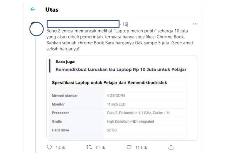 Tangkapan layar Twit soal laptop merah putih harga Rp 10 juta per unit