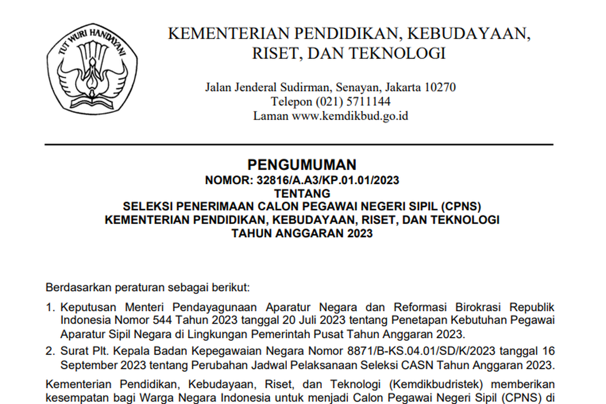 Perincian formasi CPNS Kemendikbud Ristek 2023