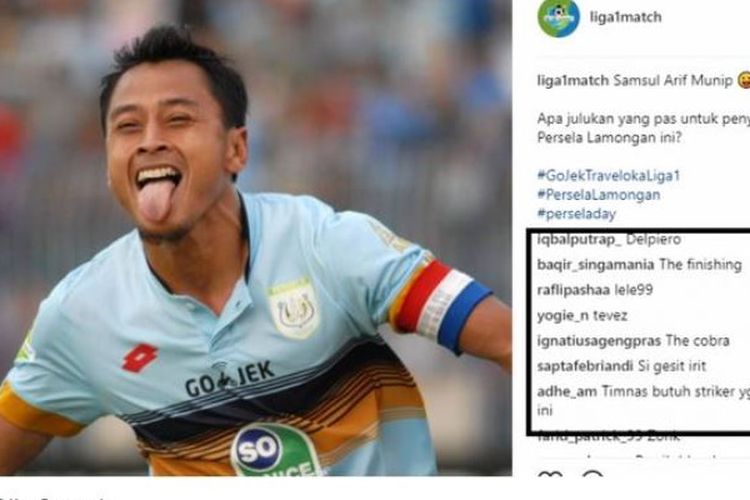 Pujian yang diberikan warganet kepada striker Persela Lamongan, Samsul Arif, setelah mencetak gol spektakuler ke gawang Barito Putera, Jumat (28/7/2017).