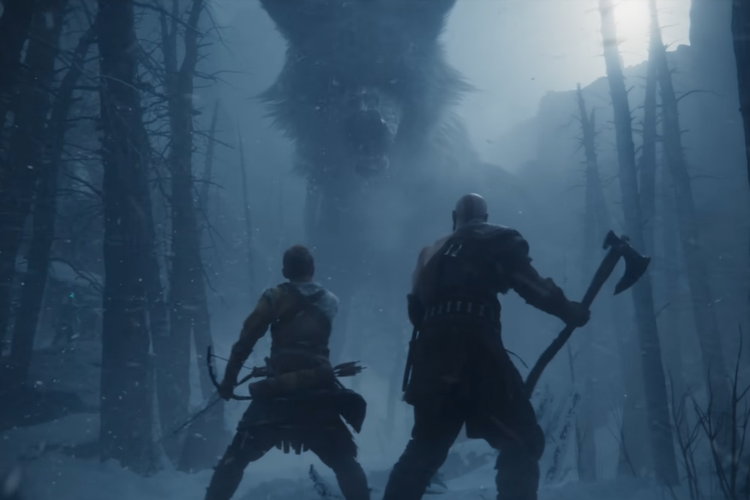 Kratos dan Atreus yang sedang menghadapi monster besar di God of War Ragnarok.