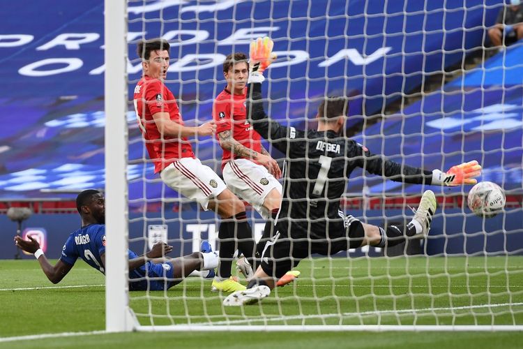 Gol bunuh diri Harry Maguire dalam laga Manchester United vs Chelsea pada semifinal Piala FA 2019-2020 di Wembley.