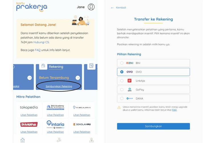 Cara menautkan rekening dan e-wallet ke Prakerja.