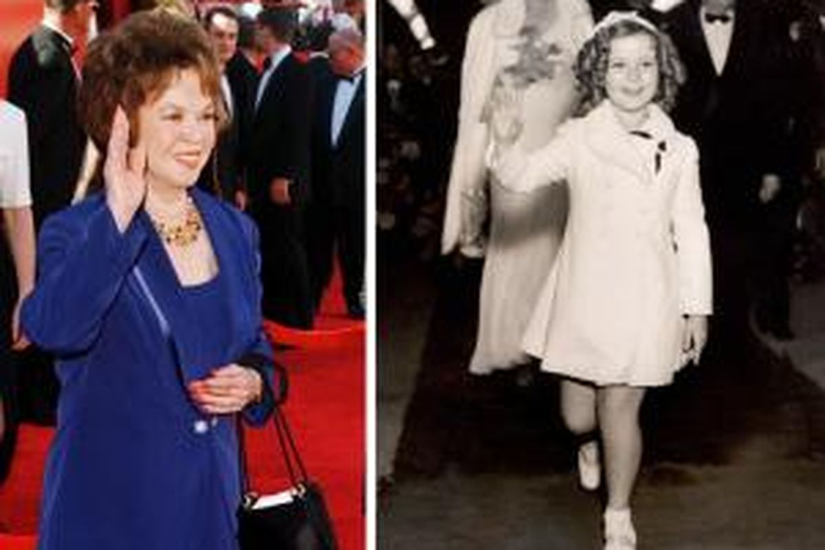 Bintang Hollywood Shirley Temple (kiri) hadir pada Academy Awards ke-70 di Los Angeles, California, AS, 23 Maret 1998. Shirley Temple (kanan) dalam penayangan film perdananya, Wee Willie Winkie, di Hollywood, California, 26 Juni 1937. 