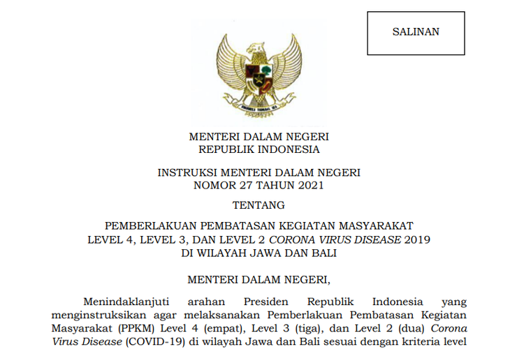 Tangkapan layar Inmendagri Nomor 27 tentang PPKM Level 4, Level 3, dan Level 2 Covid-19 di wilayah Jawa-Bali.