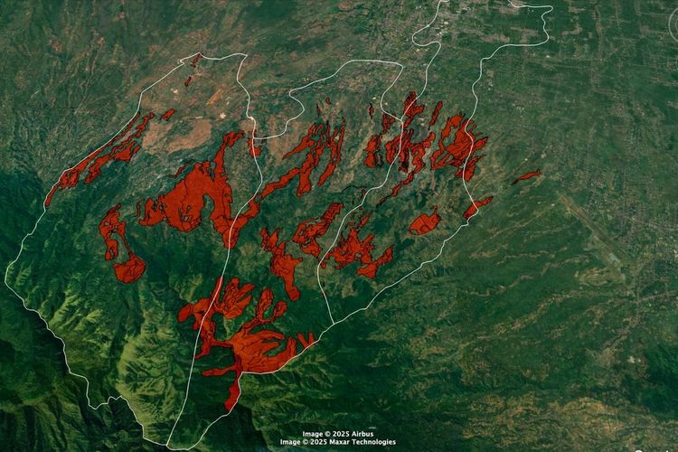 Citra satelit yang menunjukkan kondisi hutan sangat kritis di lereng utara Gunung Wilis Kabupaten Nganjuk