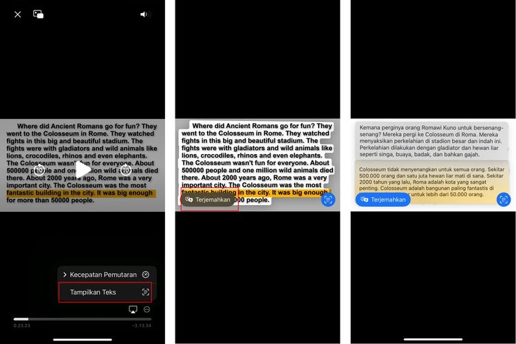Ilustrasi cara translate teks di video ke bahasa Indonesia pada iPhone.