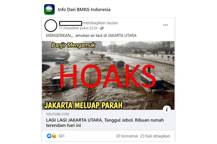 Tangkapan layar unggahan Facebook tentang hoaks air di Jakarta meluap parah